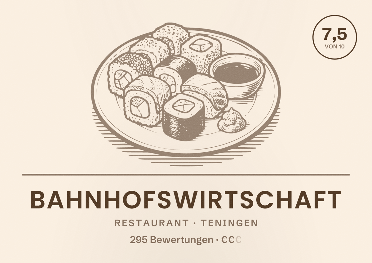 Illustriertes Poster von Bahnhofswirtschaft, Restaurant in Teningen: Bewertung 7,5 von 10 aus 295 Bewertungen, Preisniveau €€
