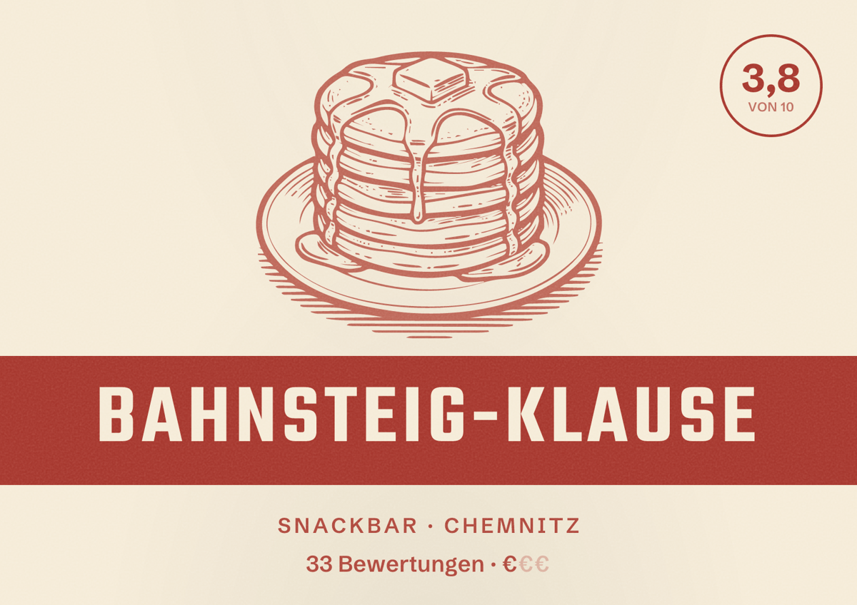 Illustriertes Poster von Bahnsteig-Klause, Snackbar in Chemnitz: Bewertung 3,8 von 10 aus 33 Bewertungen, Preisniveau €