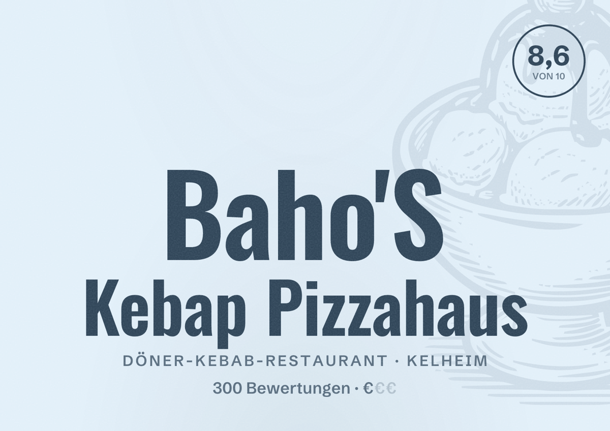 Illustriertes Poster von Baho'S Kebap Pizzahaus, Döner-Kebab-Restaurant in Kelheim: Bewertung 8,6 von 10 aus 300 Bewertungen, Preisniveau €