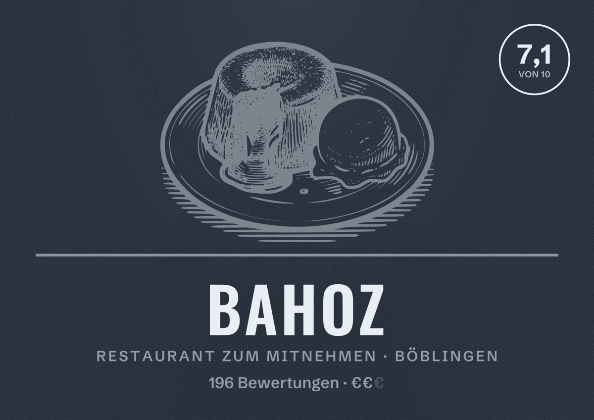 Illustriertes Poster von bahoz, Restaurant zum Mitnehmen in Böblingen: Bewertung 7,1 von 10 aus 196 Bewertungen, Preisniveau €€