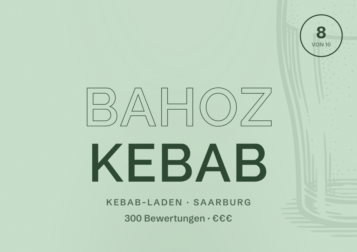 Illustriertes Poster von Bahoz Kebab, Kebab-Laden in Saarburg: Bewertung 8 von 10 aus 300 Bewertungen, Preisniveau €€€