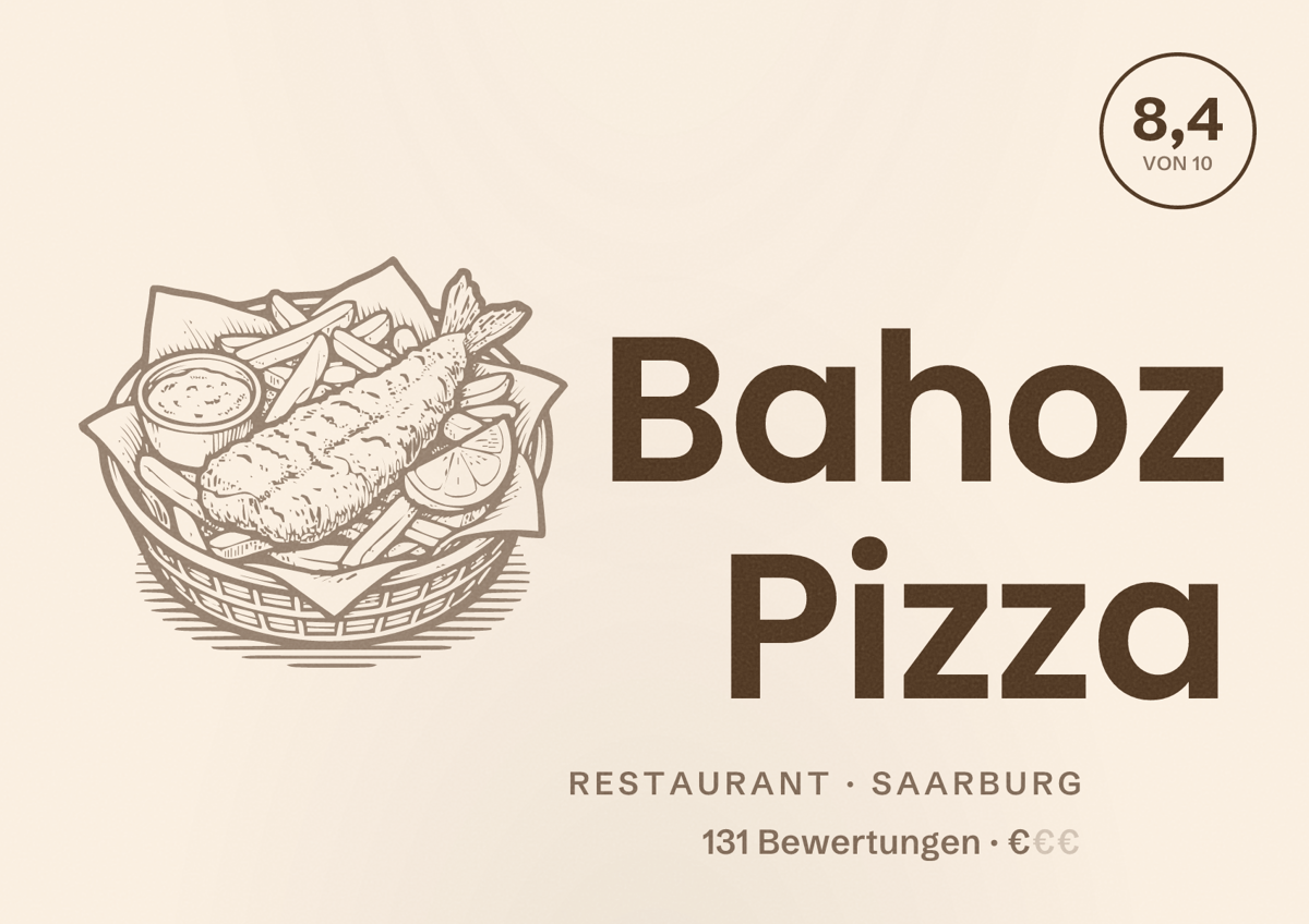 Illustriertes Poster von Bahoz Pizza, Restaurant in Saarburg: Bewertung 8,4 von 10 aus 131 Bewertungen, Preisniveau €