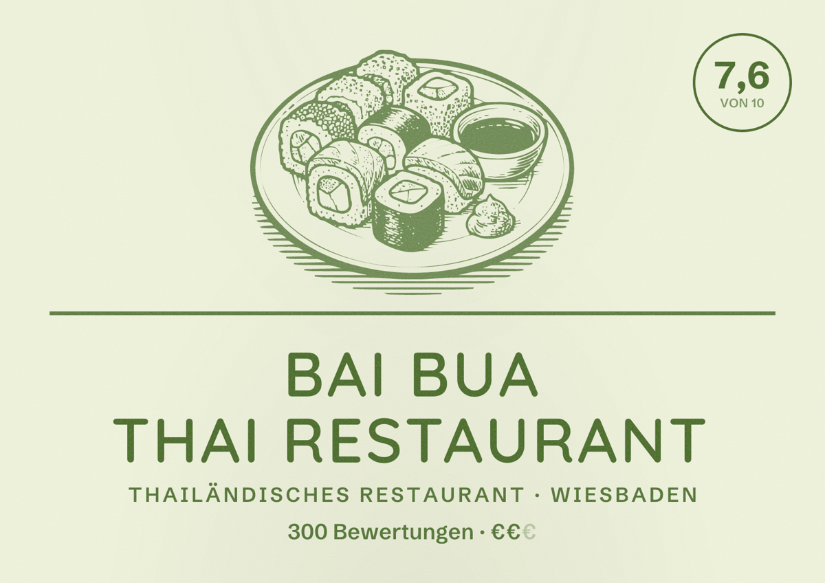 Illustriertes Poster von Bai Bua Thai Restaurant, Thailändisches Restaurant in Wiesbaden: Bewertung 7,6 von 10 aus 300 Bewertungen, Preisniveau €€