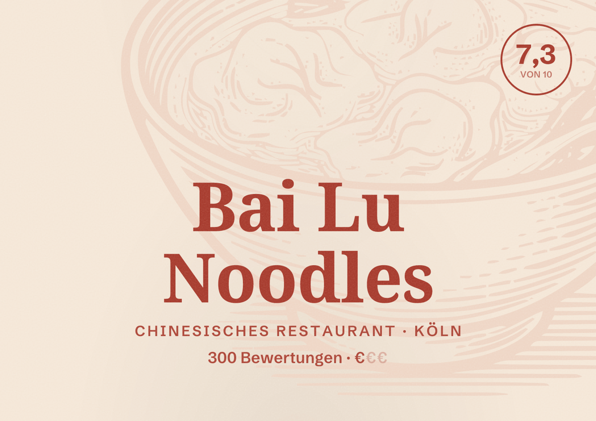 Illustriertes Poster von Bai Lu Noodles, Chinesisches Restaurant in Köln: Bewertung 7,3 von 10 aus 300 Bewertungen, Preisniveau €