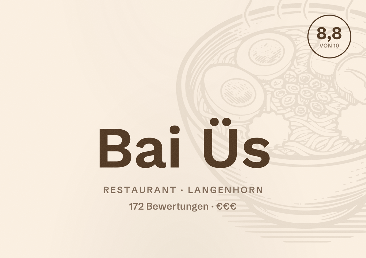 Illustriertes Poster von Bai Üs, Restaurant in Langenhorn: Bewertung 8,8 von 10 aus 172 Bewertungen, Preisniveau €€€