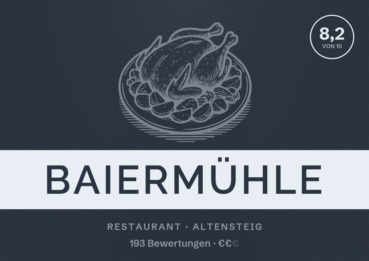 Illustriertes Poster von Baiermühle, Restaurant in Altensteig: Bewertung 8,2 von 10 aus 193 Bewertungen, Preisniveau €€