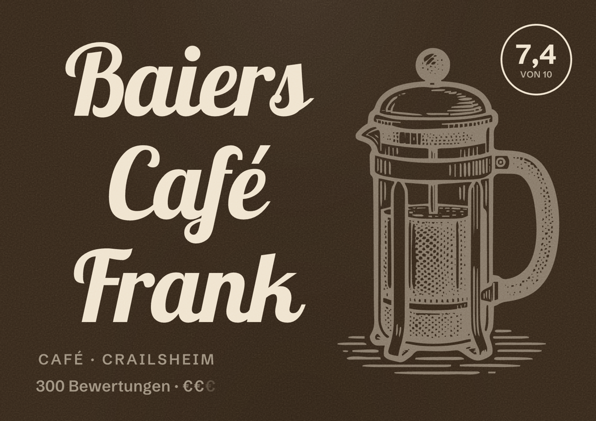 Illustriertes Poster von Baiers Café Frank, Café in Crailsheim: Bewertung 7,4 von 10 aus 300 Bewertungen, Preisniveau €€