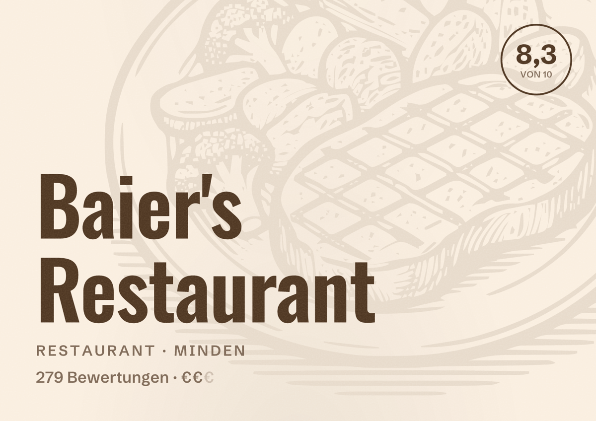 Illustriertes Poster von Baier's Restaurant, Restaurant in Minden: Bewertung 8,3 von 10 aus 279 Bewertungen, Preisniveau €€
