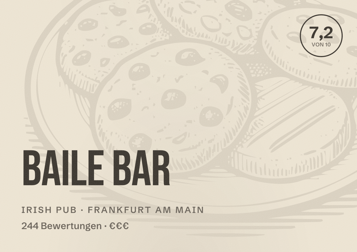 Illustriertes Poster von Baile Bar, Irish Pub in Frankfurt am Main: Bewertung 7,2 von 10 aus 244 Bewertungen, Preisniveau €€€