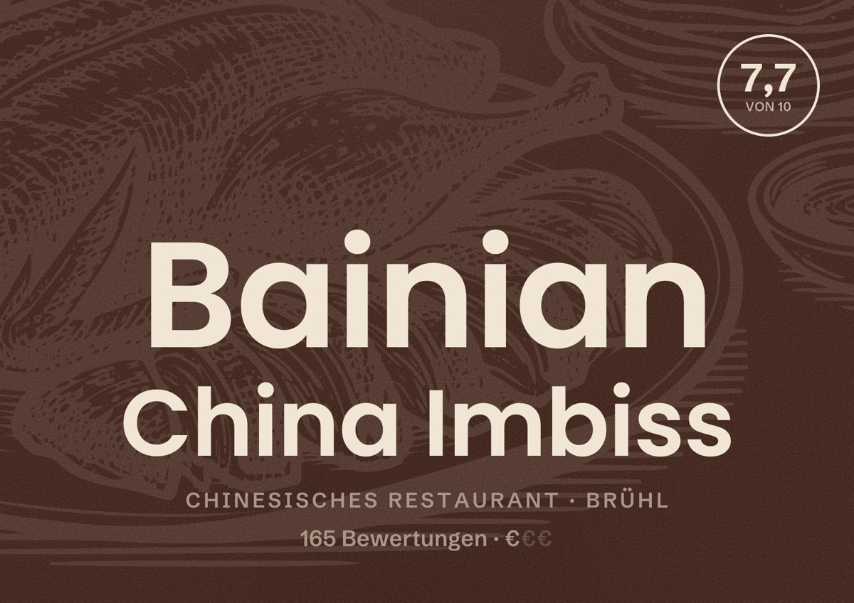 Illustriertes Poster von Bainian China Imbiss, Chinesisches Restaurant in Brühl: Bewertung 7,7 von 10 aus 165 Bewertungen, Preisniveau €