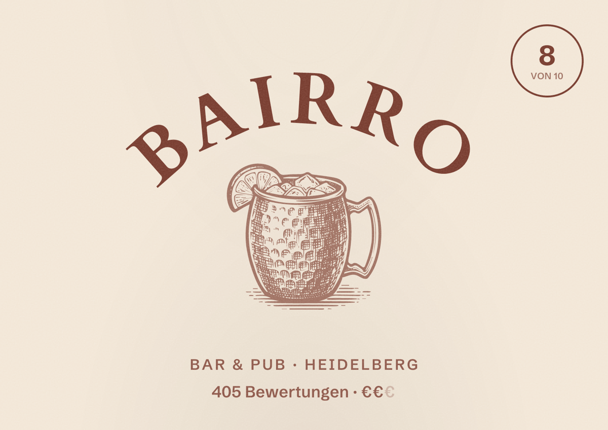 Illustriertes Poster von Bairro, Bar & Pub in Heidelberg: Bewertung 8 von 10 aus 405 Bewertungen, Preisniveau €€