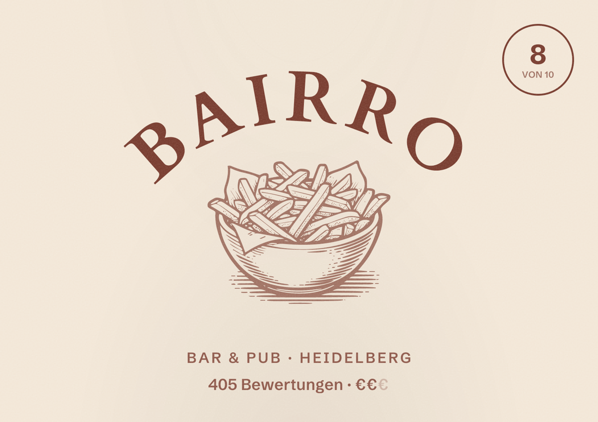 Illustriertes Poster von Bairro, Bar & Pub in Heidelberg: Bewertung 8,0 von 10 aus 405 Bewertungen, Preisniveau €€