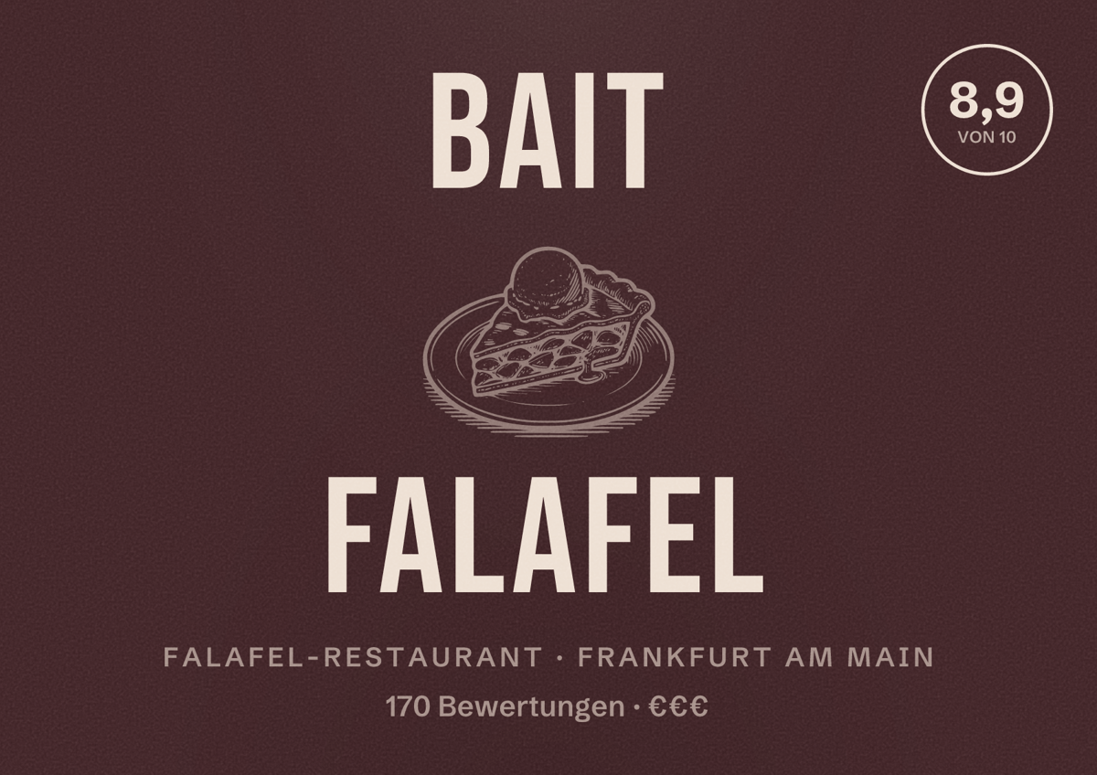 Illustriertes Poster von Bait Falafel, Falafel-Restaurant in Frankfurt am Main: Bewertung 8,9 von 10 aus 170 Bewertungen, Preisniveau €€€