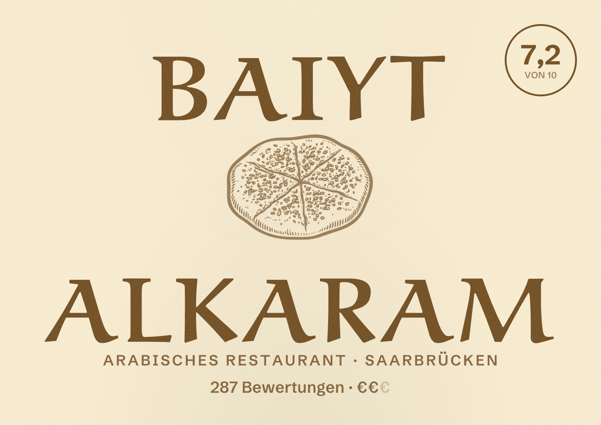 Illustriertes Poster von Baiyt Alkaram, Arabisches Restaurant in Saarbrücken: Bewertung 7,2 von 10 aus 287 Bewertungen, Preisniveau €€