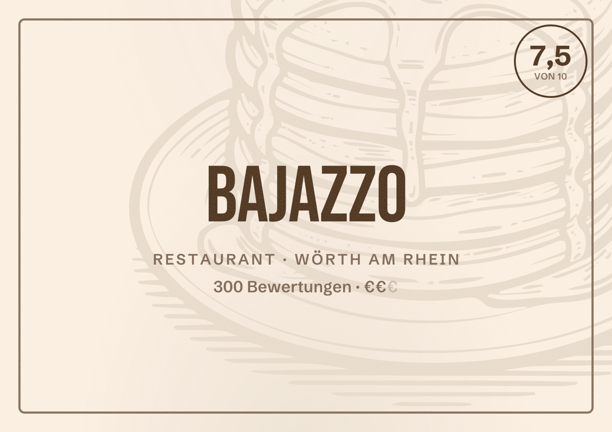 Illustriertes Poster von Bajazzo, Restaurant in Wörth am Rhein: Bewertung 7,5 von 10 aus 300 Bewertungen, Preisniveau €€