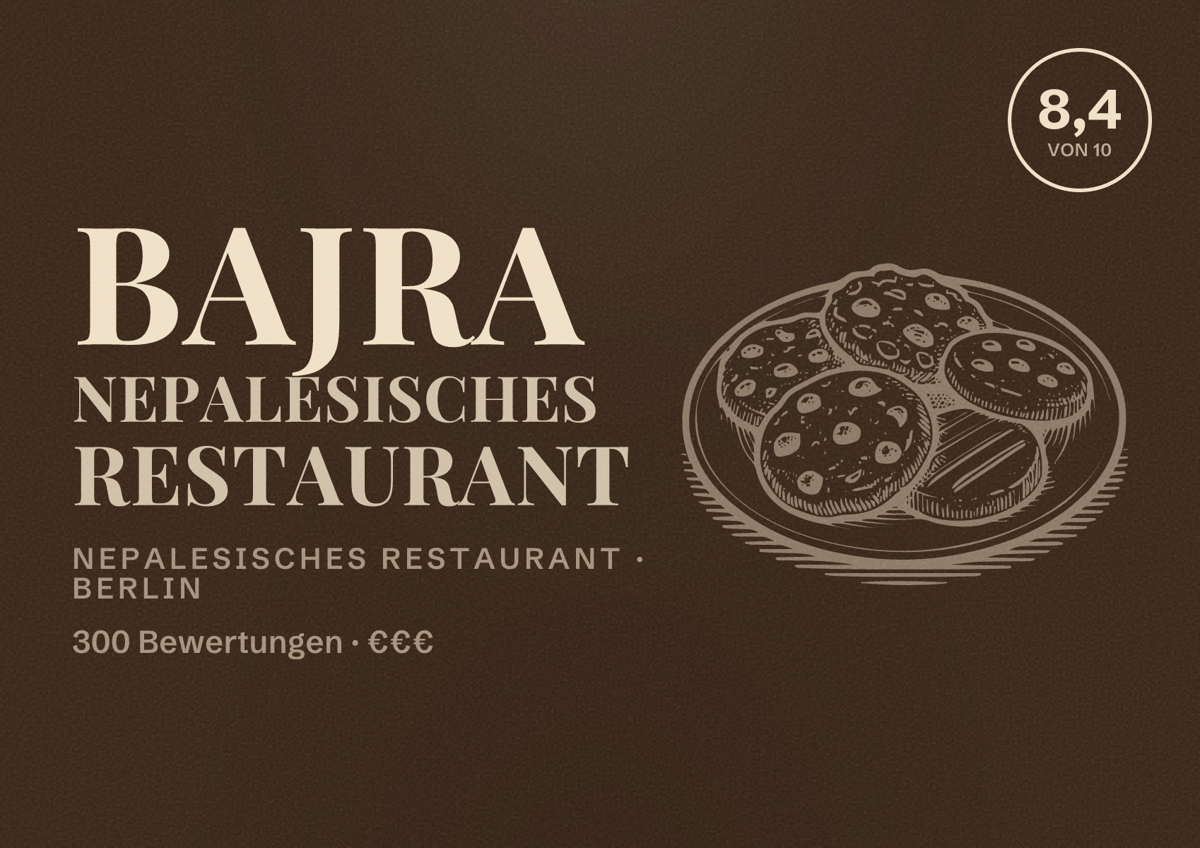 Illustriertes Poster von Bajra Nepalesisches Restaurant, Nepalesisches Restaurant in Berlin: Bewertung 8,4 von 10 aus 300 Bewertungen, Preisniveau €€€