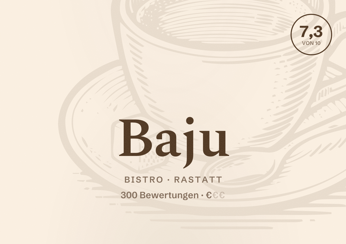 Illustriertes Poster von Baju, Bistro in Rastatt: Bewertung 7,3 von 10 aus 300 Bewertungen, Preisniveau €