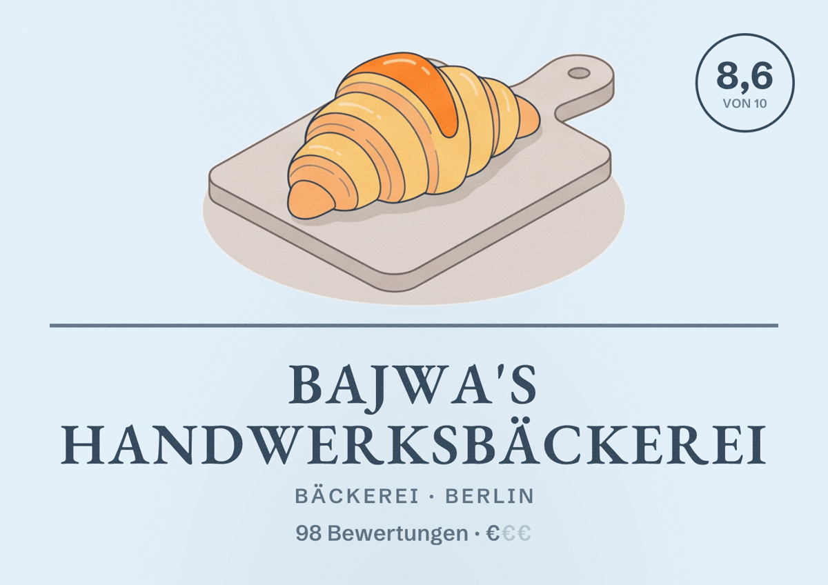 Illustriertes Poster von Bajwa's Handwerksbäckerei, Bäckerei in Berlin: Bewertung 8,6 von 10 aus 98 Bewertungen, Preisniveau €