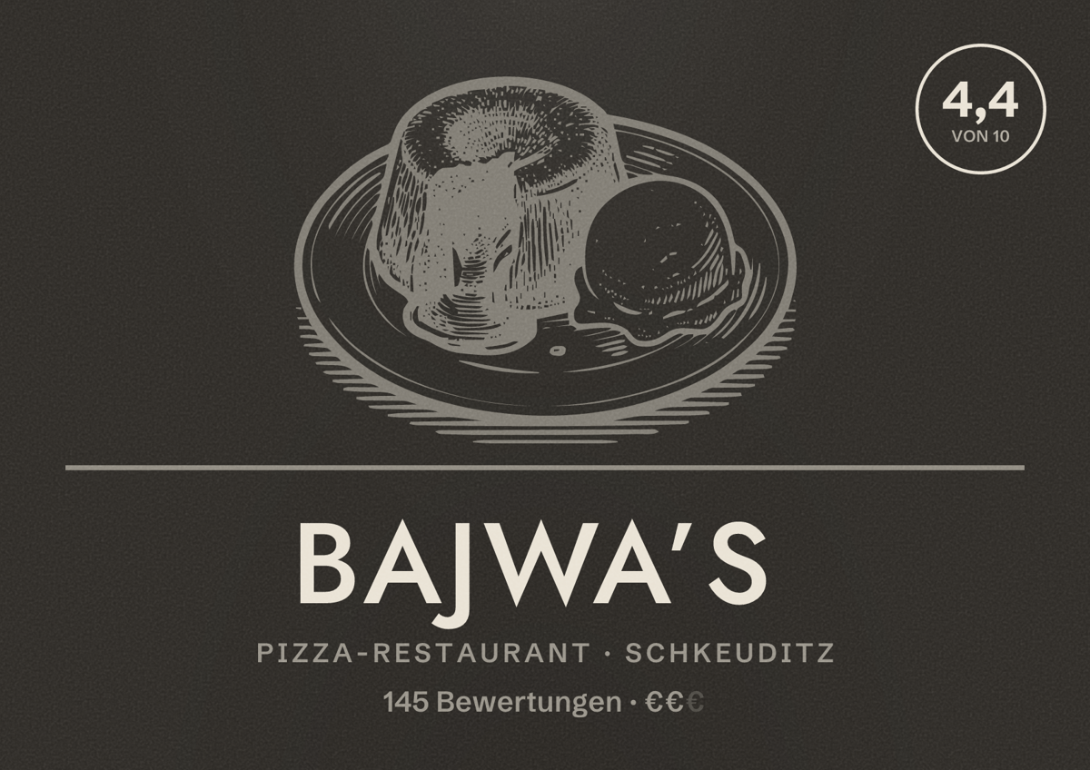Illustriertes Poster von Bajwa’s, Pizza-Restaurant in Schkeuditz: Bewertung 4,4 von 10 aus 145 Bewertungen, Preisniveau €€
