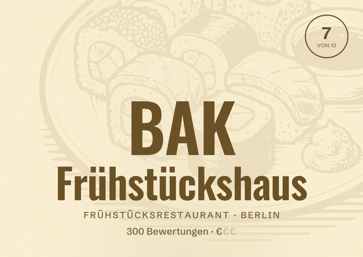 Illustriertes Poster von BAK Frühstückshaus, Frühstücksrestaurant in Berlin: Bewertung 7,0 von 10 aus 300 Bewertungen, Preisniveau €