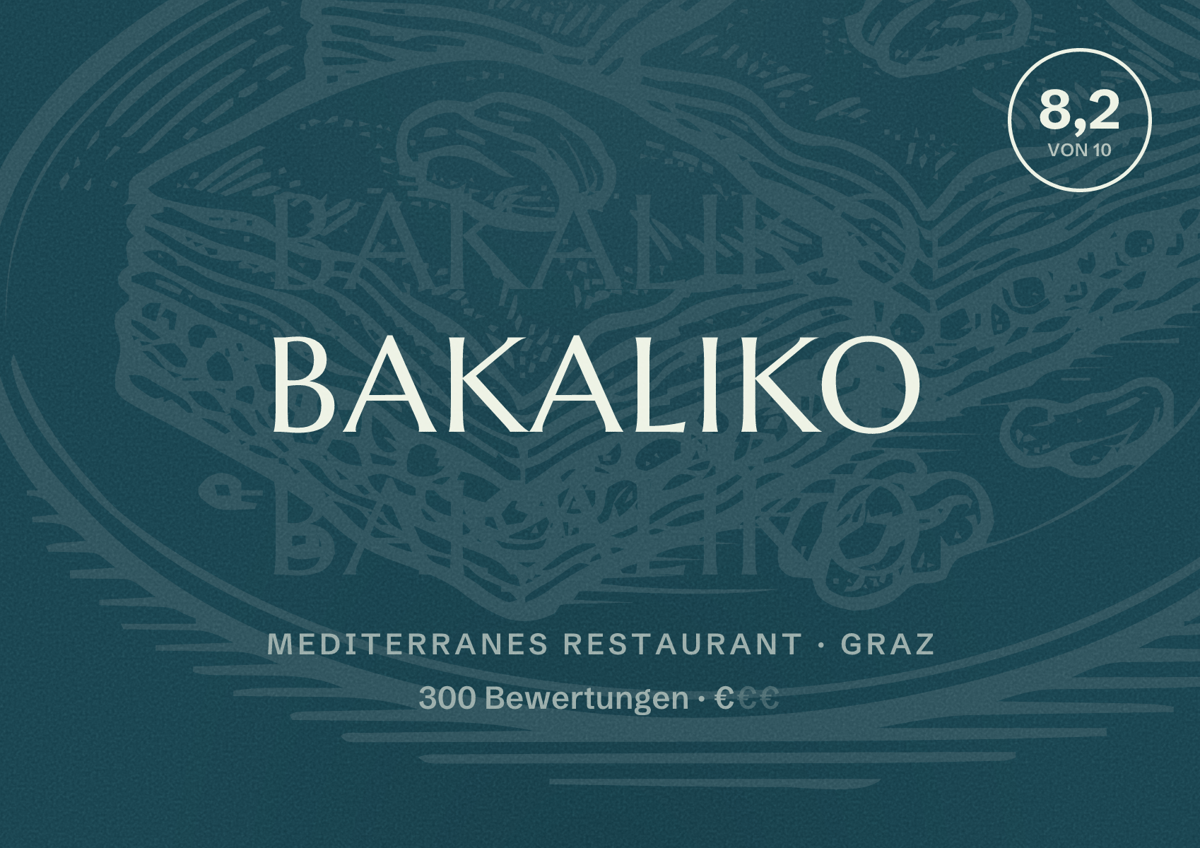 Illustriertes Poster von Bakaliko, Mediterranes Restaurant in Graz: Bewertung 8,2 von 10 aus 300 Bewertungen, Preisniveau €