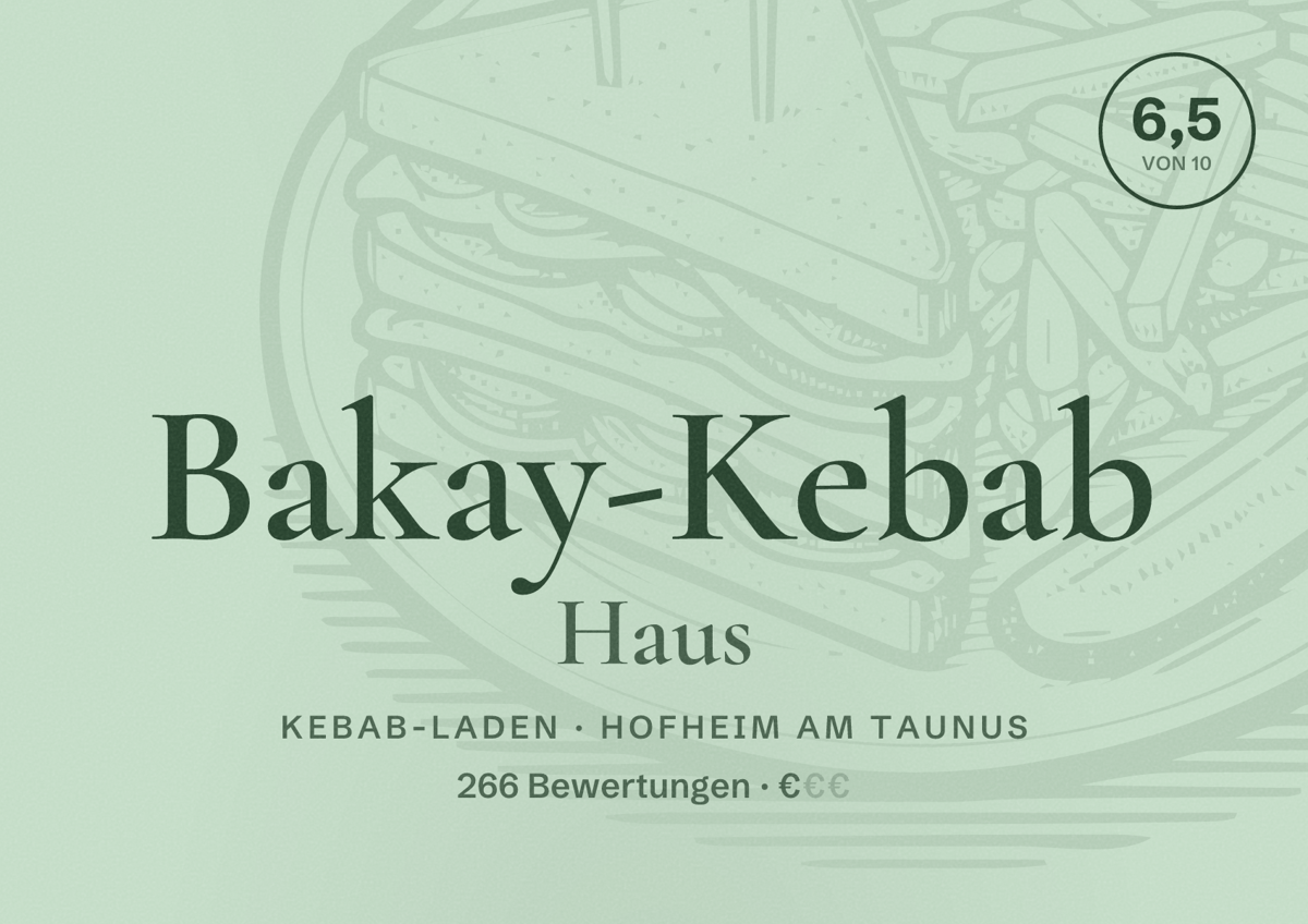 Illustriertes Poster von Bakay-Kebab Haus, Kebab-Laden in Hofheim am Taunus: Bewertung 6,5 von 10 aus 266 Bewertungen, Preisniveau €