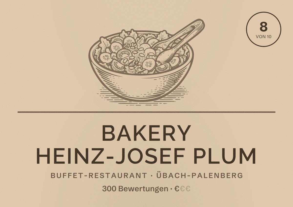 Illustriertes Poster von Bakery Heinz-Josef Plum, Buffet-Restaurant in Übach-Palenberg: Bewertung 8 von 10 aus 300 Bewertungen, Preisniveau €