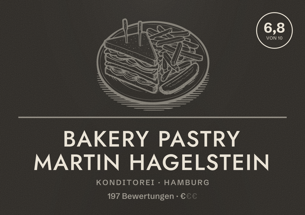 Illustriertes Poster von Bakery pastry Martin Hagelstein, Konditorei in Hamburg: Bewertung 6,8 von 10 aus 197 Bewertungen, Preisniveau €