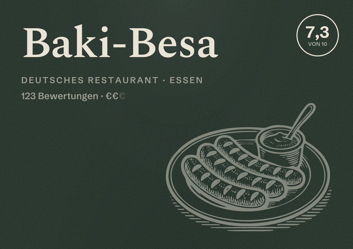Illustriertes Poster von Baki-Besa, Deutsches Restaurant in Essen: Bewertung 7,3 von 10 aus 123 Bewertungen, Preisniveau €€