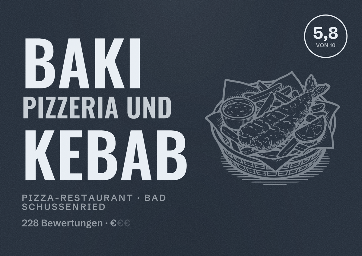Illustriertes Poster von Baki pizzeria und Kebab, Pizza-Restaurant in Bad Schussenried: Bewertung 5,8 von 10 aus 228 Bewertungen, Preisniveau €