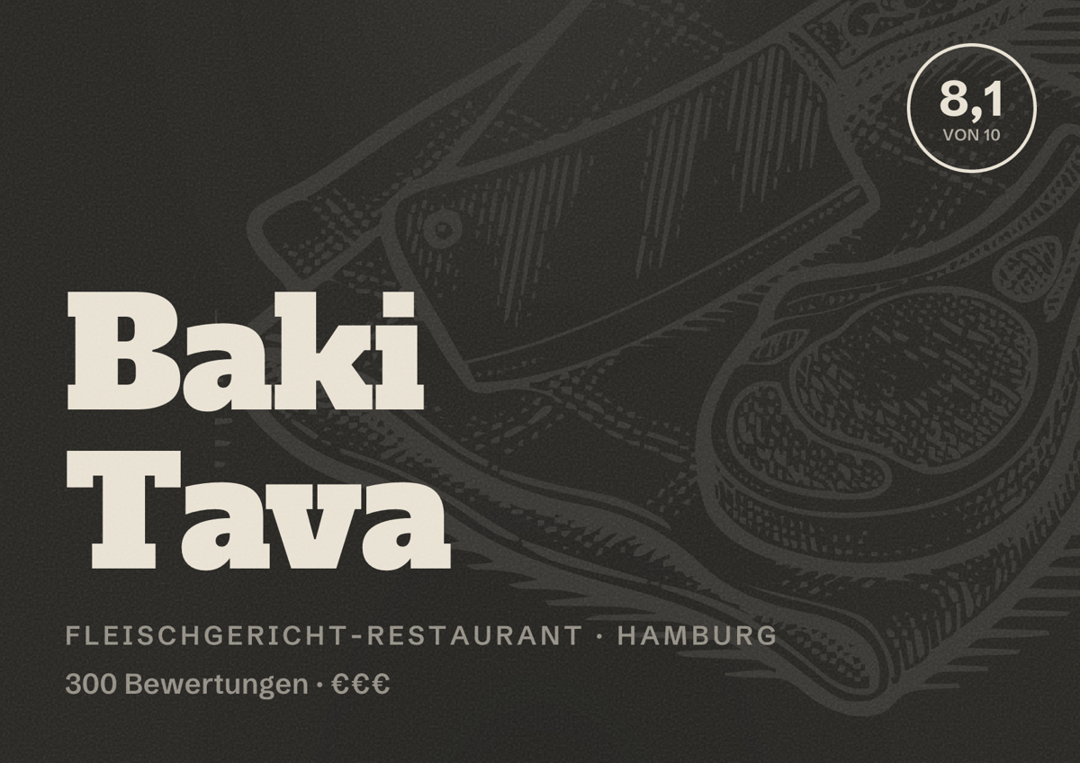 Illustriertes Poster von Baki Tava, Fleischgericht-Restaurant in Hamburg: Bewertung 8,1 von 10 aus 300 Bewertungen, Preisniveau €€€