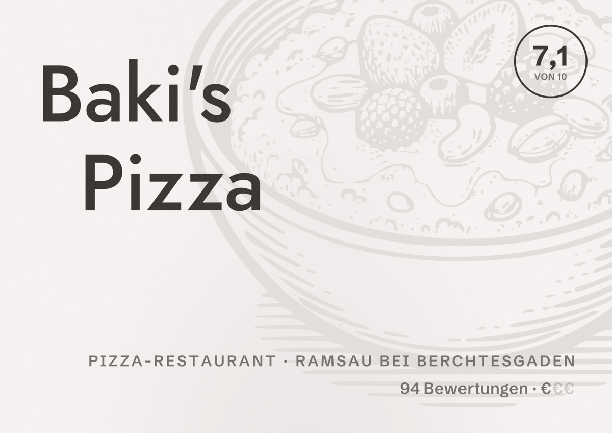 Illustriertes Poster von Baki's Pizza, Pizza-Restaurant in Ramsau bei Berchtesgaden: Bewertung 7,1 von 10 aus 94 Bewertungen, Preisniveau €