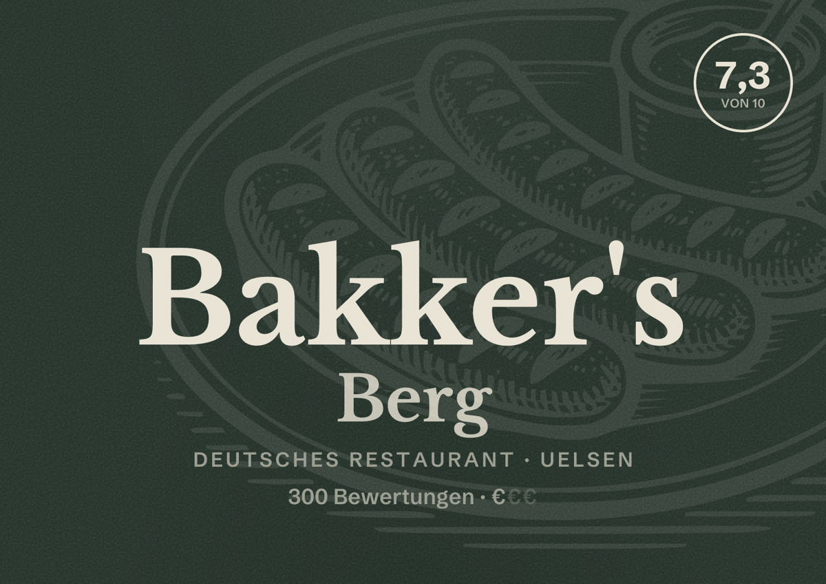 Illustriertes Poster von Bakker's Berg, Deutsches Restaurant in Uelsen: Bewertung 7,3 von 10 aus 300 Bewertungen, Preisniveau €