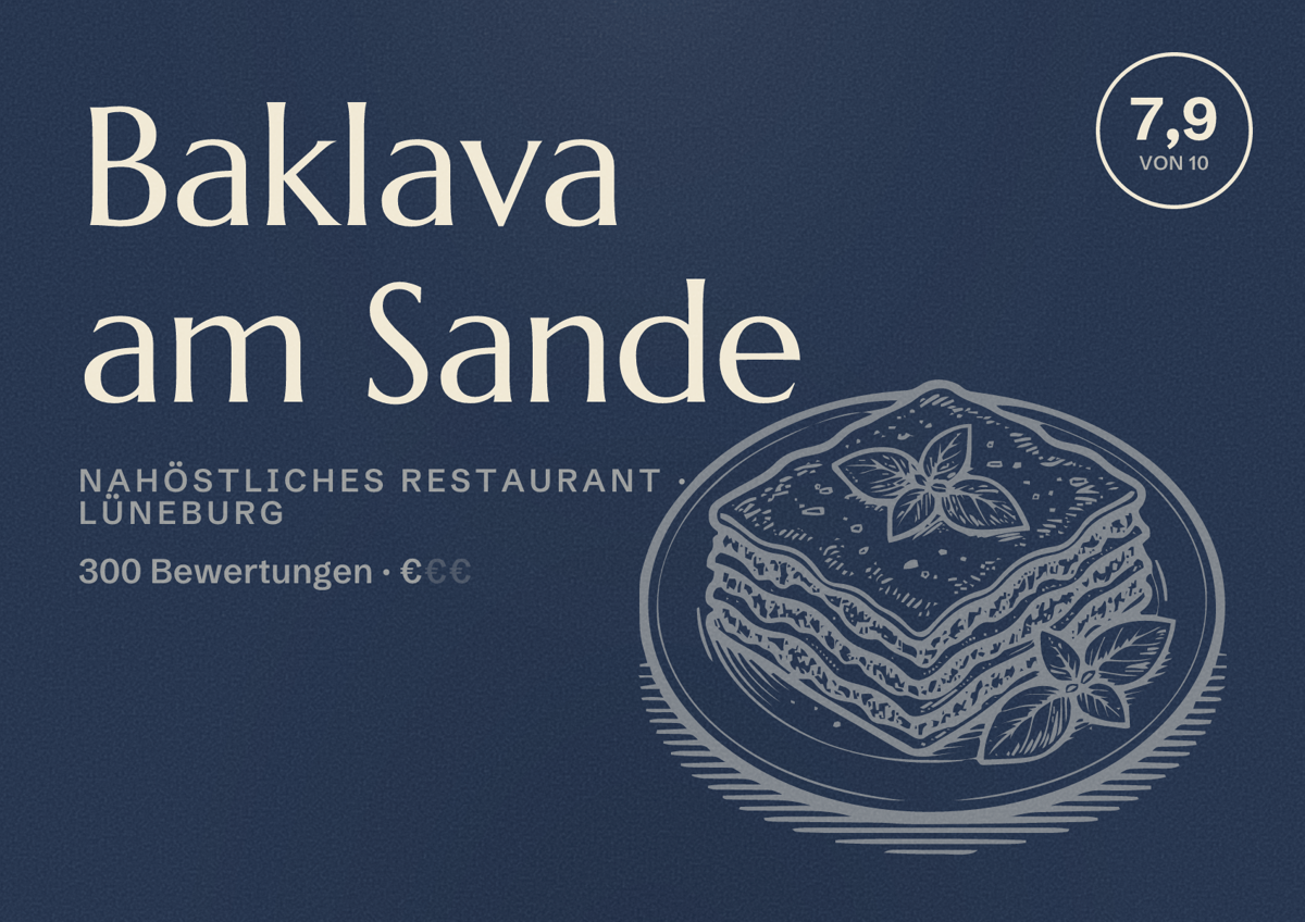 Illustriertes Poster von Baklava am Sande, Nahöstliches Restaurant in Lüneburg: Bewertung 7,9 von 10 aus 300 Bewertungen, Preisniveau €