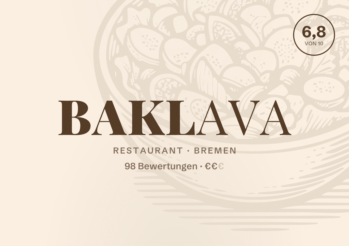 Illustriertes Poster von BAKLAVA, Restaurant in Bremen: Bewertung 6,8 von 10 aus 98 Bewertungen, Preisniveau €€
