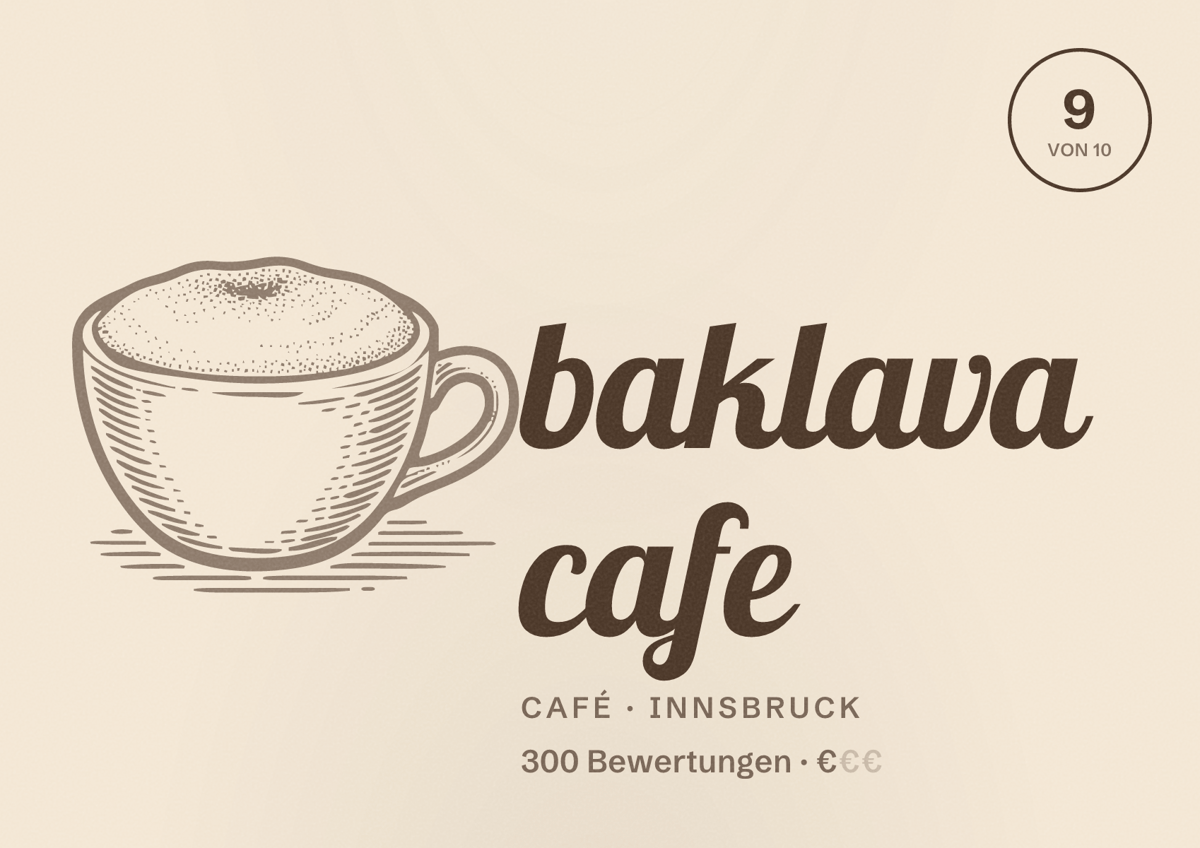 Illustriertes Poster von baklava cafe, Café in Innsbruck: Bewertung 9 von 10 aus 300 Bewertungen, Preisniveau €