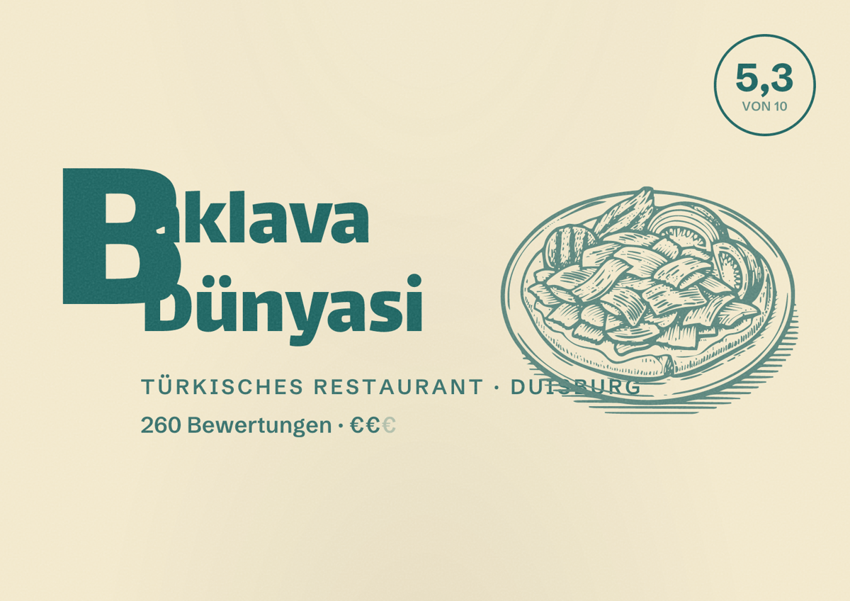 Illustriertes Poster von Baklava Dünyasi, Türkisches Restaurant in Duisburg: Bewertung 5,3 von 10 aus 260 Bewertungen, Preisniveau €€