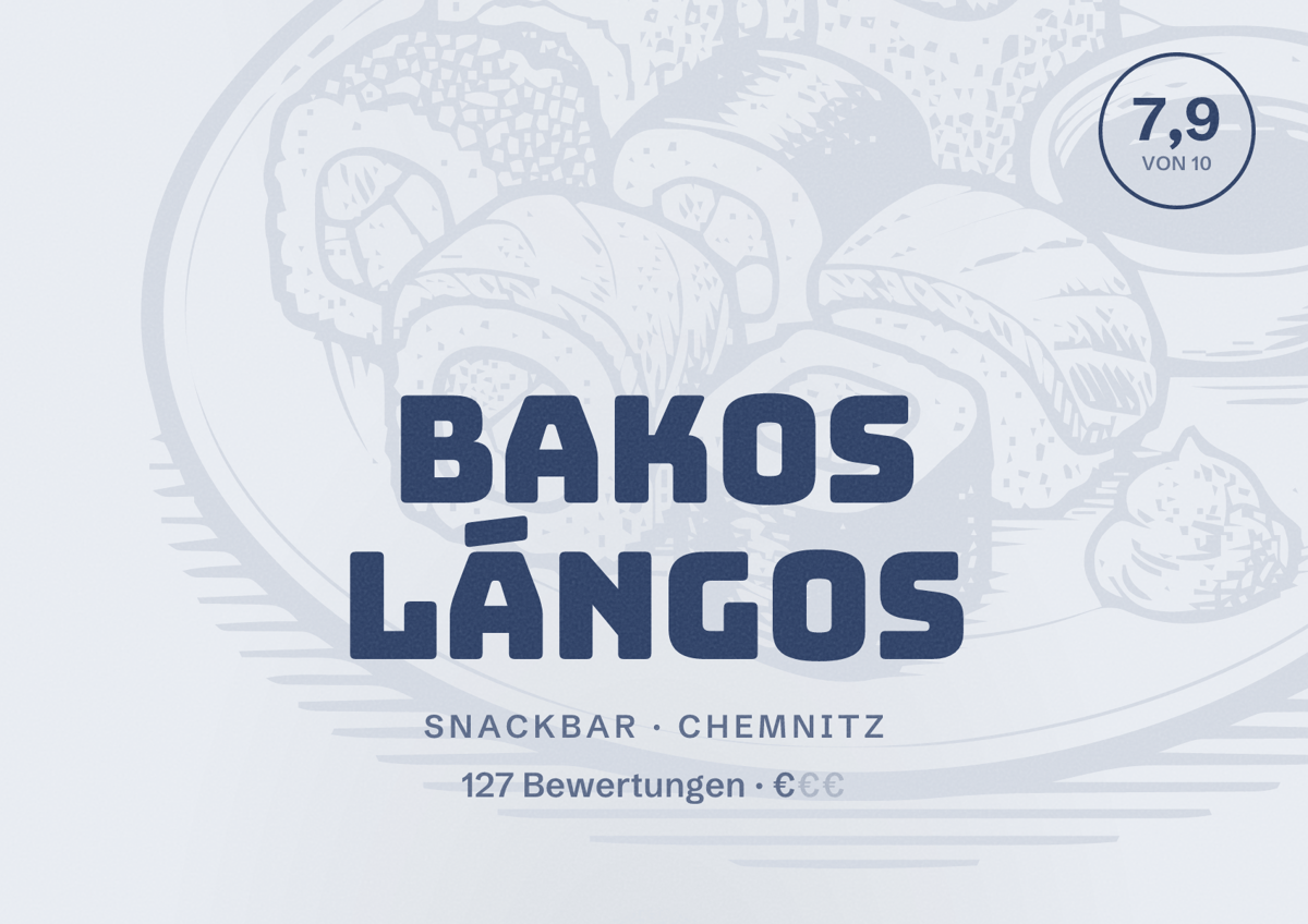 Illustriertes Poster von Bakos Lángos, Snackbar in Chemnitz: Bewertung 7,9 von 10 aus 127 Bewertungen, Preisniveau €