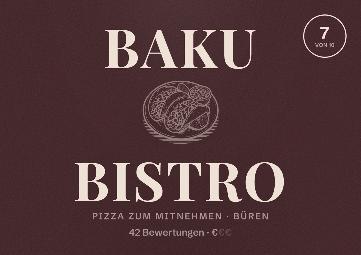 Illustriertes Poster von Baku Bistro, Pizza zum Mitnehmen in Büren: Bewertung 7 von 10 aus 42 Bewertungen, Preisniveau €