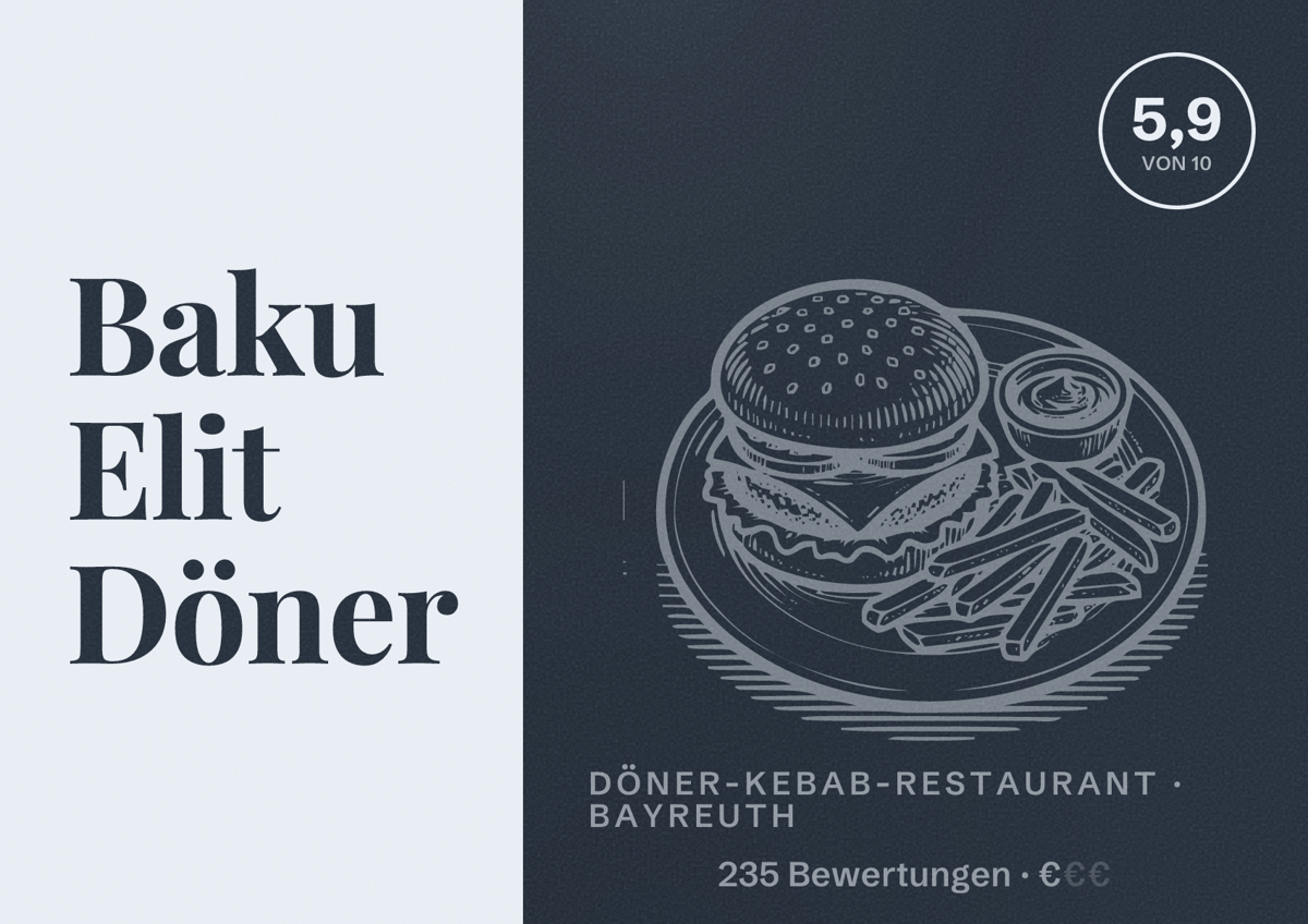 Illustriertes Poster von Baku Elit Döner, Döner-Kebab-Restaurant in Bayreuth: Bewertung 5,9 von 10 aus 235 Bewertungen, Preisniveau €