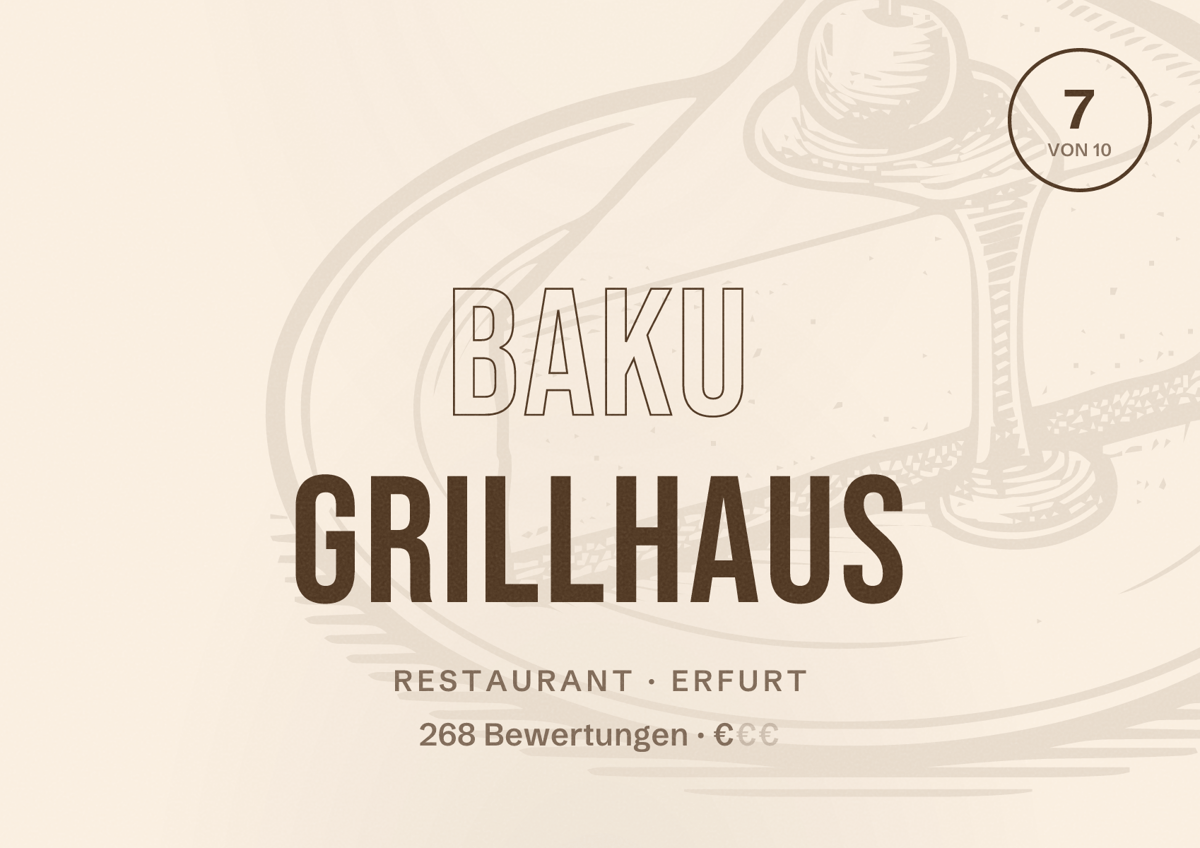 Illustriertes Poster von BAKU GRILLHAUS, Restaurant in Erfurt: Bewertung 7 von 10 aus 268 Bewertungen, Preisniveau €