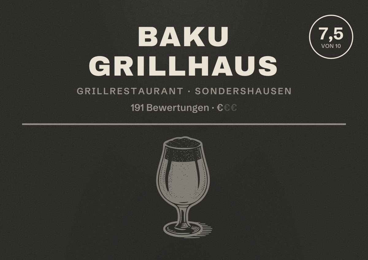 Illustriertes Poster von Baku Grillhaus, Grillrestaurant in Sondershausen: Bewertung 7,5 von 10 aus 191 Bewertungen, Preisniveau €
