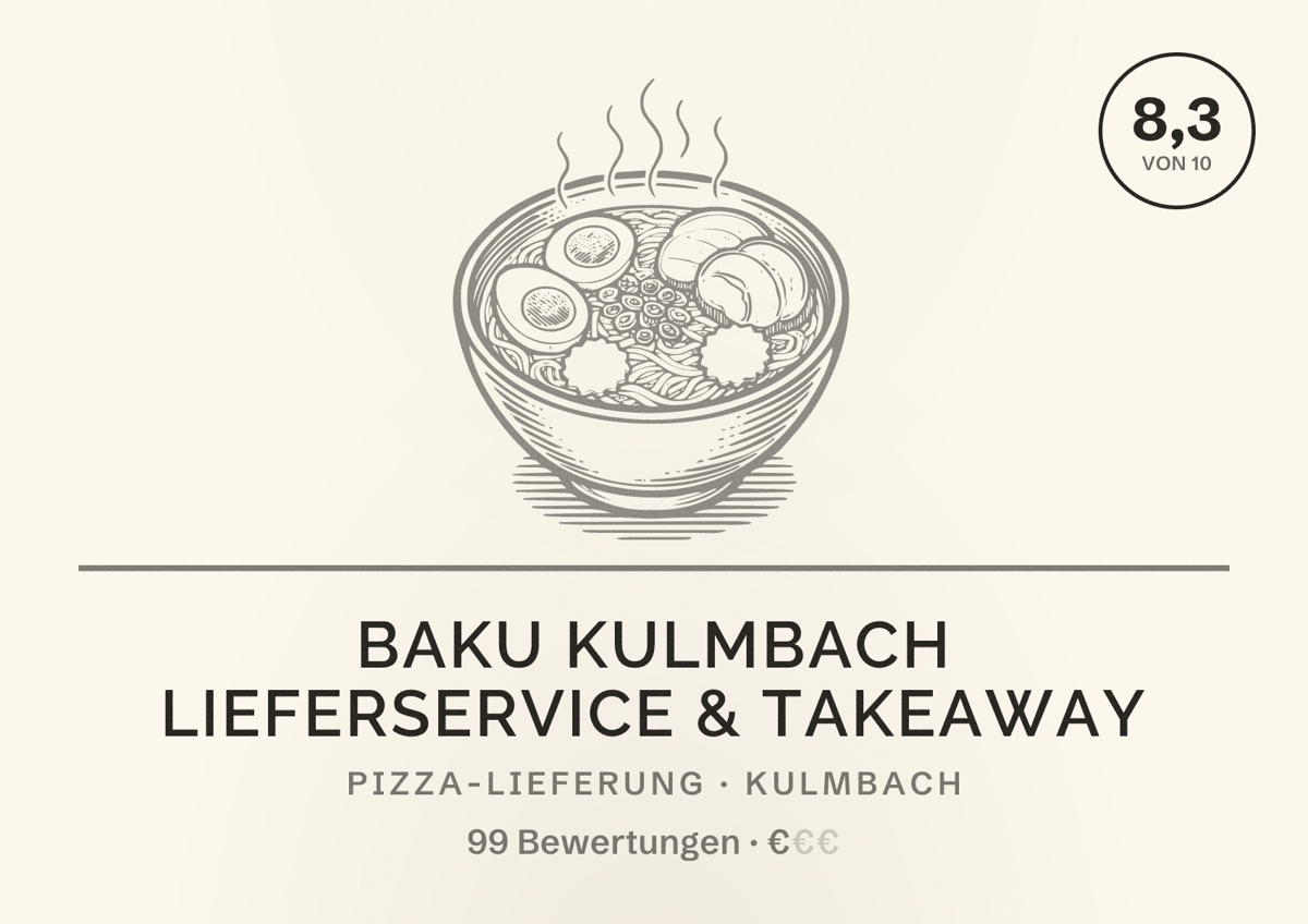 Illustriertes Poster von Baku Kulmbach Lieferservice & Takeaway, Pizza-Lieferung in Kulmbach: Bewertung 8,3 von 10 aus 99 Bewertungen, Preisniveau €