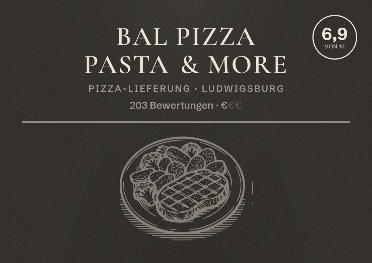 Illustriertes Poster von Bal Pizza Pasta & More, Pizza-Lieferung in Ludwigsburg: Bewertung 6,9 von 10 aus 203 Bewertungen, Preisniveau €