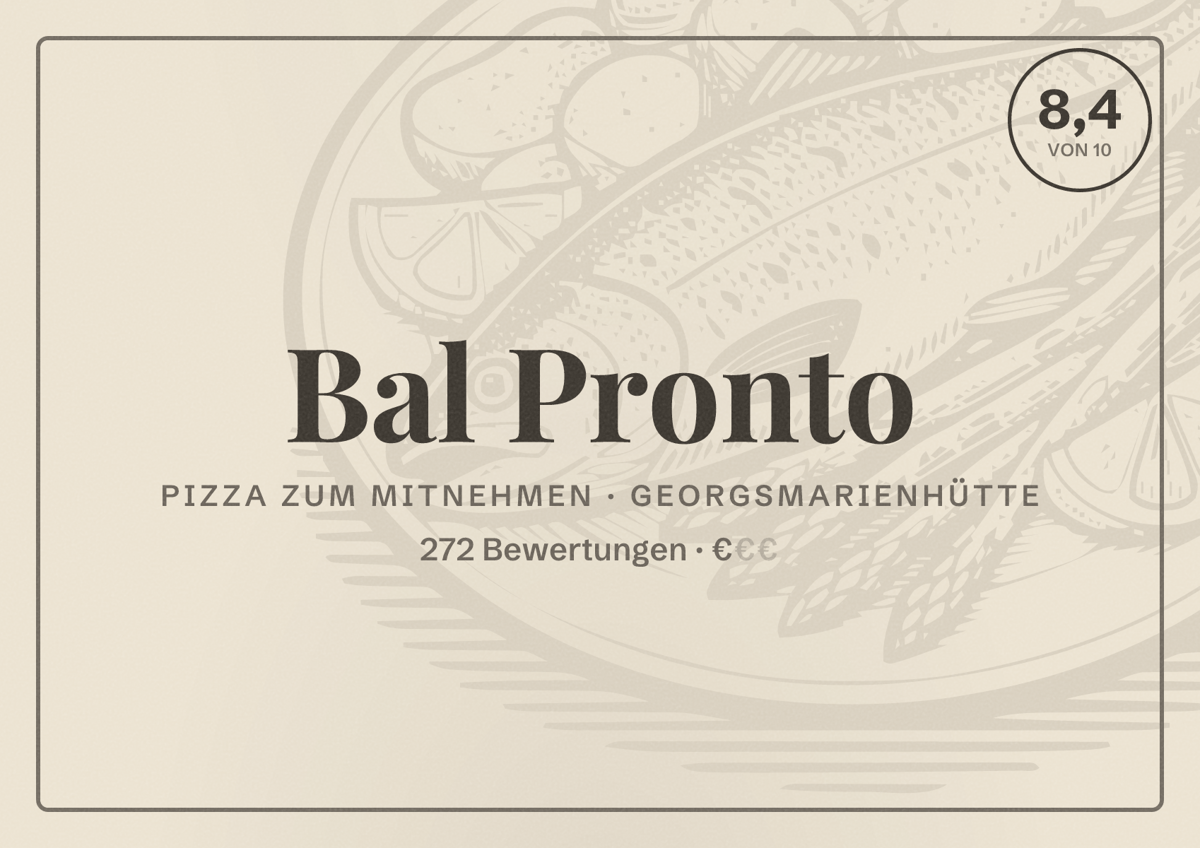 Illustriertes Poster von Bal Pronto, Pizza zum Mitnehmen in Georgsmarienhütte: Bewertung 8,4 von 10 aus 272 Bewertungen, Preisniveau €