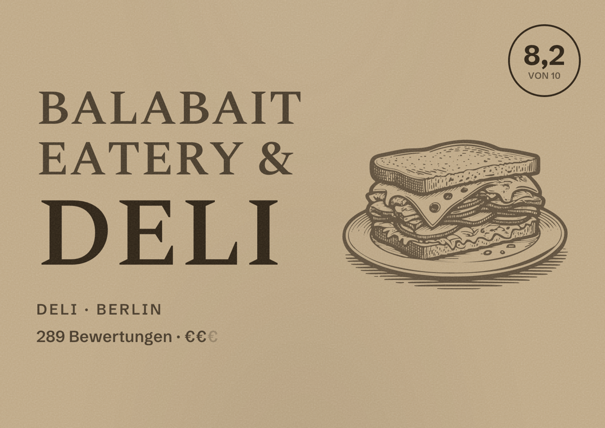 Illustriertes Poster von Balabait Eatery & Deli, Deli in Berlin: Bewertung 8,2 von 10 aus 289 Bewertungen, Preisniveau €€