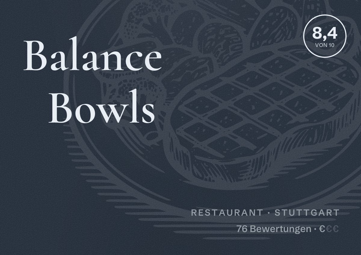 Illustriertes Poster von Balance Bowls, Restaurant in Stuttgart: Bewertung 8,4 von 10 aus 76 Bewertungen, Preisniveau €