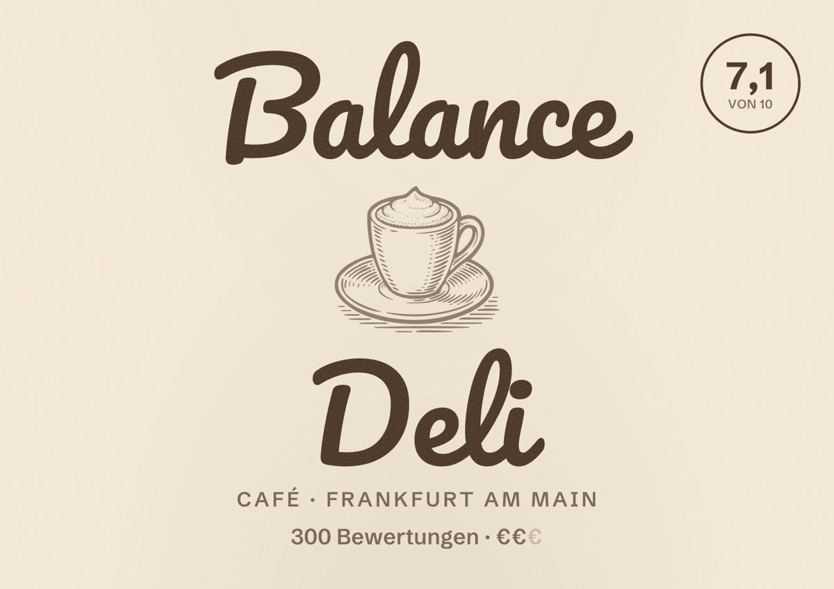 Illustriertes Poster von Balance Deli, Café in Frankfurt am Main: Bewertung 7,1 von 10 aus 300 Bewertungen, Preisniveau €€