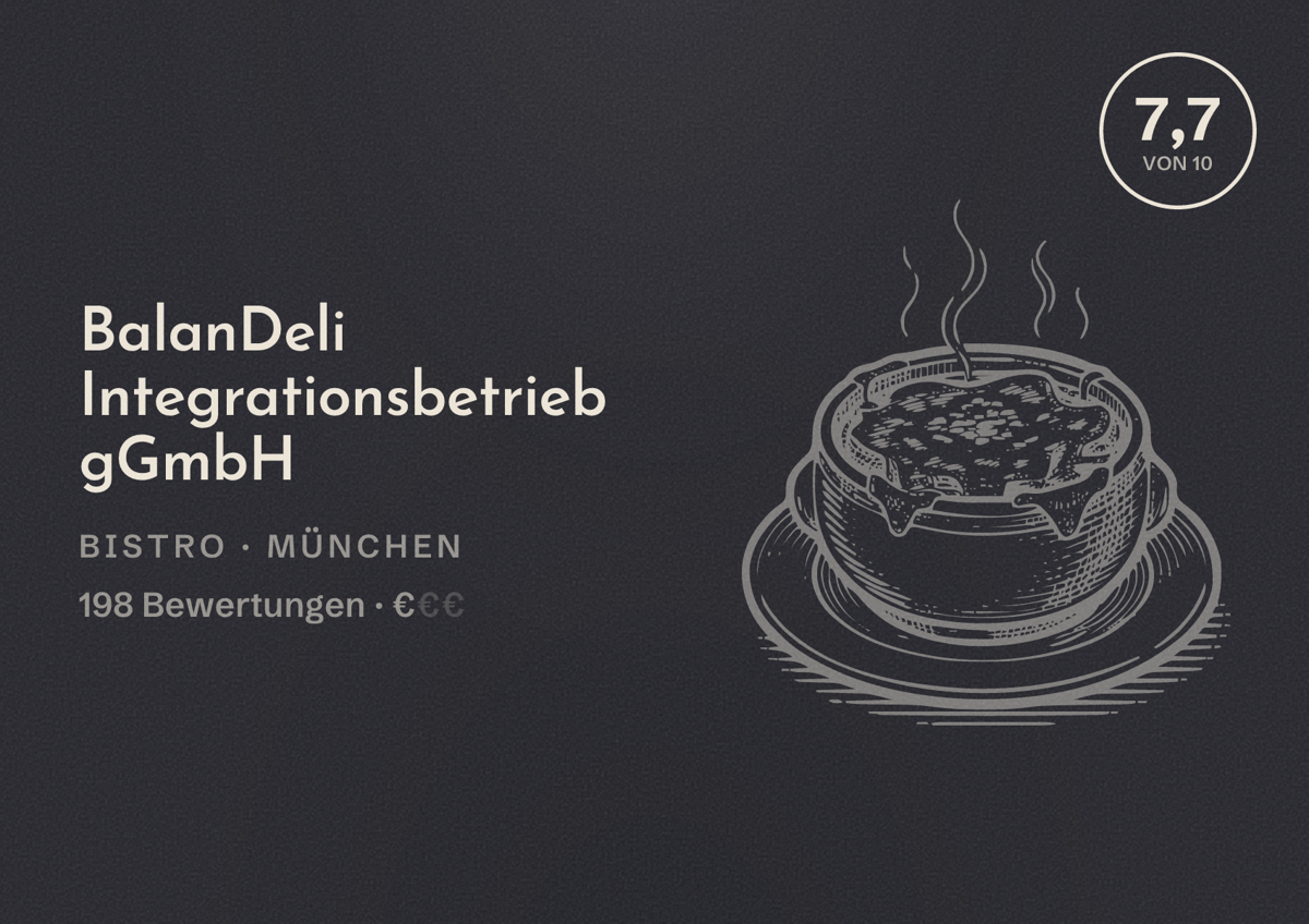 Illustriertes Poster von BalanDeli Integrationsbetrieb gGmbH, Bistro in München: Bewertung 7,7 von 10 aus 198 Bewertungen, Preisniveau €