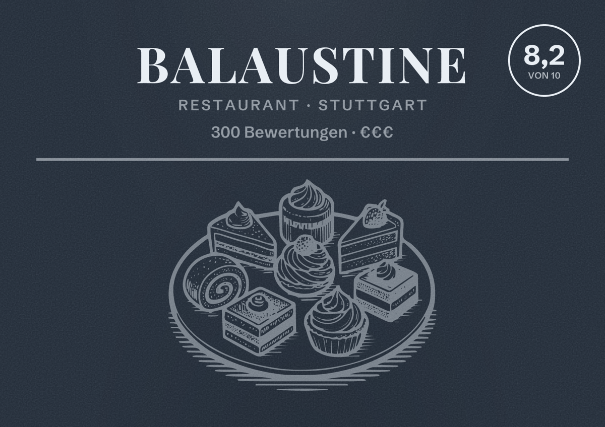 Illustriertes Poster von Balaustine, Restaurant in Stuttgart: Bewertung 8,2 von 10 aus 300 Bewertungen, Preisniveau €€€